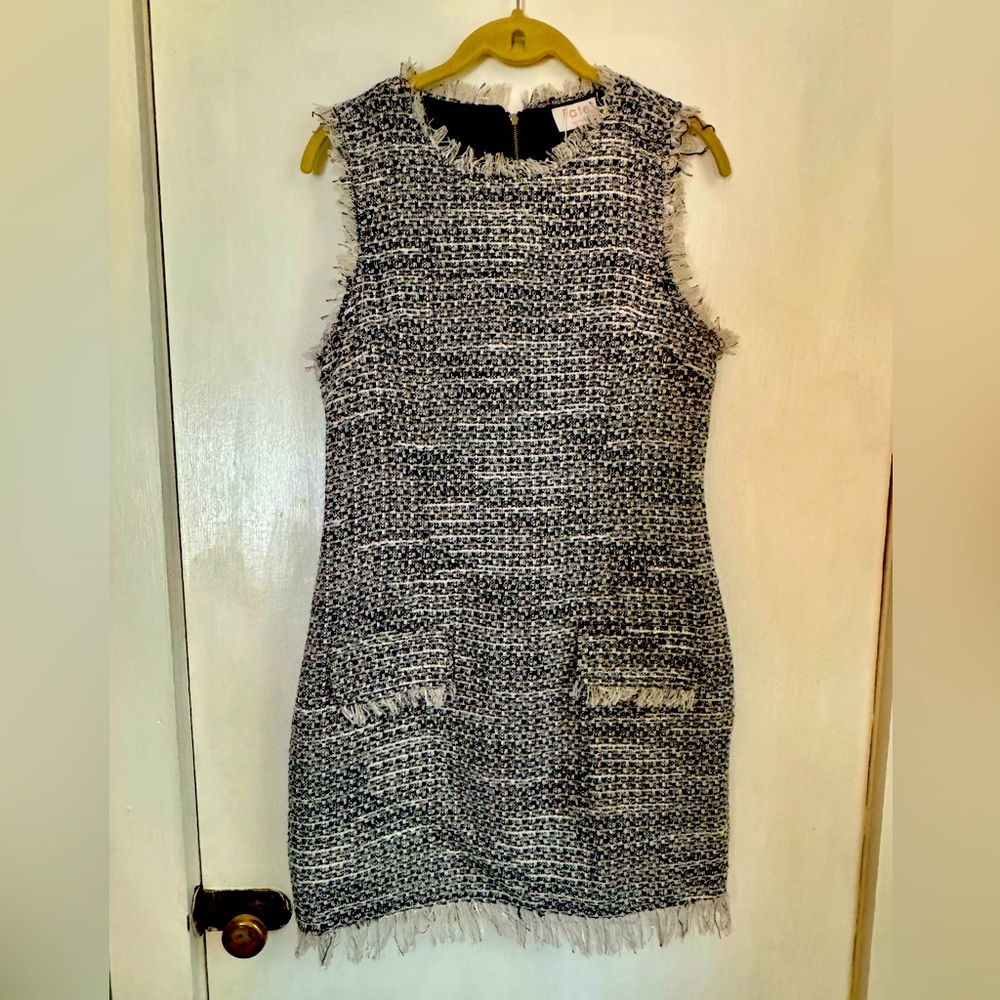 NWT FATE Black and White Tweed Frayed Hem Dress with Faux Pockets